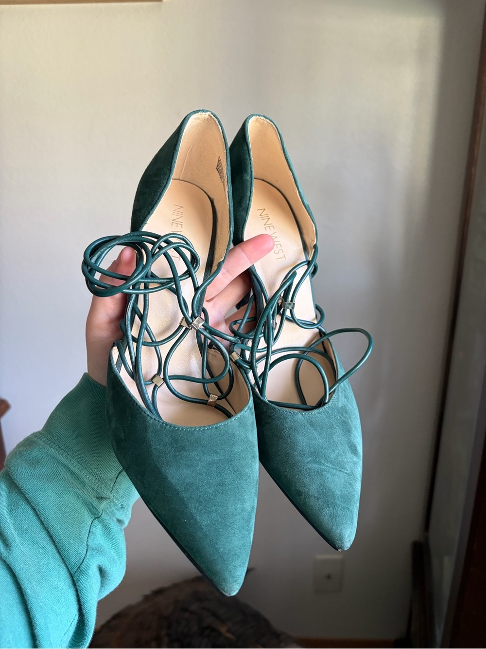 Nine West Green Suede Pointed-Toe Lace-Up Heels